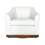 The Hickory Chair Heath Swivel Chair is a white upholstered modern swivel chair with curved arms and a wooden swivel base, shown from the front against a plain background—designed to complement contemporary interiors.