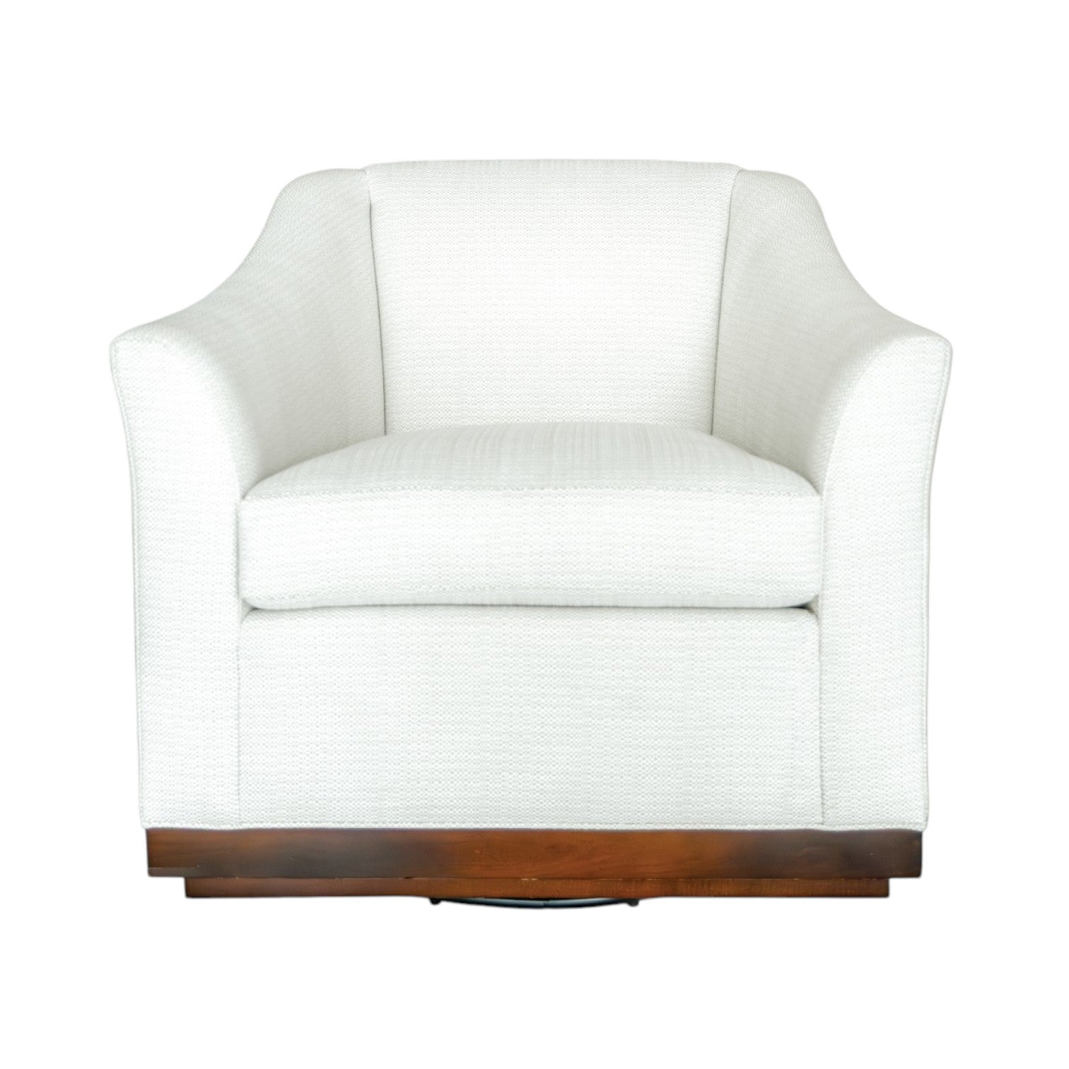 The Hickory Chair Heath Swivel Chair is a white upholstered modern swivel chair with curved arms and a wooden swivel base, shown from the front against a plain background—designed to complement contemporary interiors.
