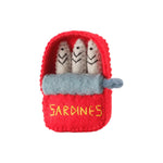 The Foggy Dog's Sardines Cat Toy features three felted wool catnip sardines in a red can labeled "SARDINES" with a gray pull-tab—perfect for playful cats.
