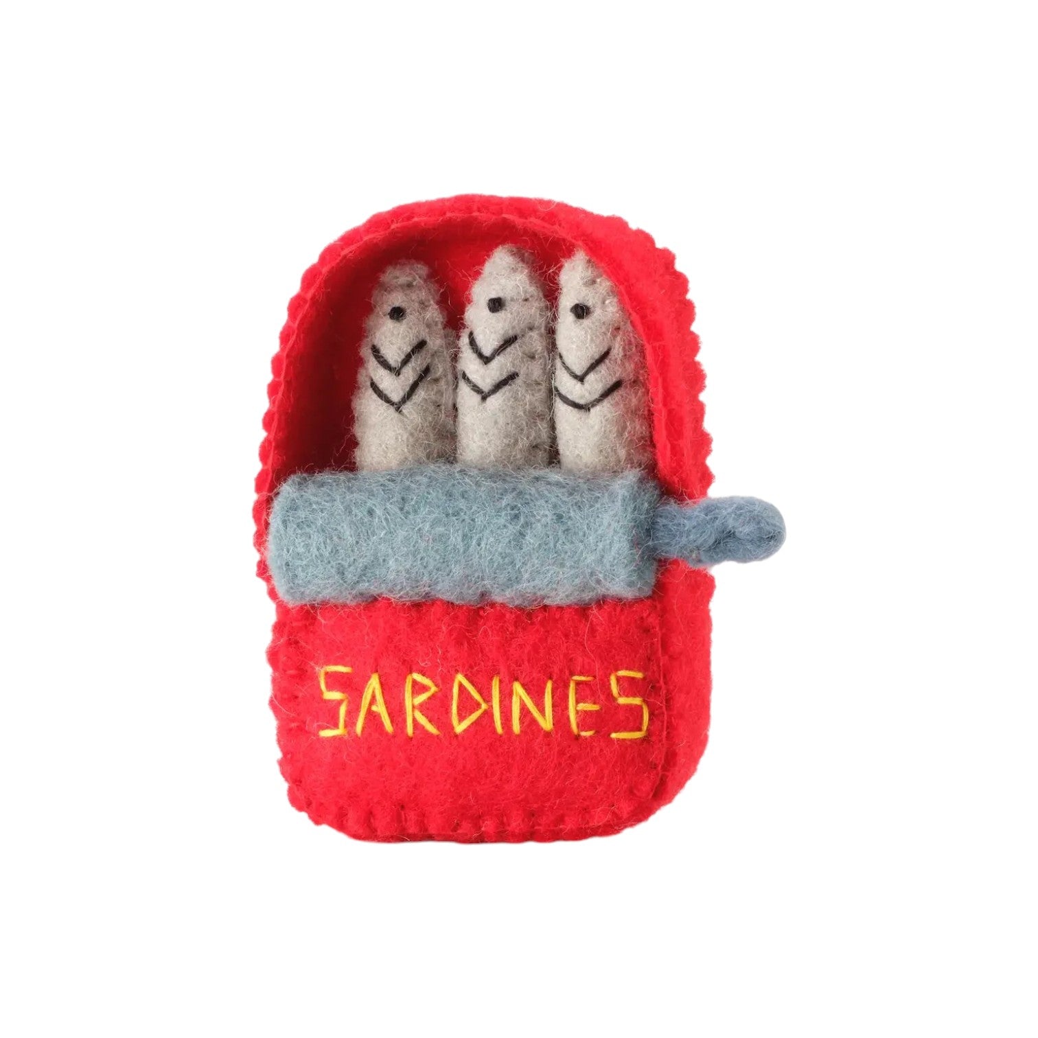 The Foggy Dog's Sardines Cat Toy features three felted wool catnip sardines in a red can labeled "SARDINES" with a gray pull-tab—perfect for playful cats.