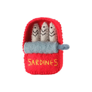 The Foggy Dog's Sardines Cat Toy features three felted wool catnip sardines in a red can labeled "SARDINES" with a gray pull-tab—perfect for playful cats.