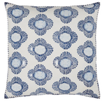 The Nikita Pillow by John Robshaw is a square white accent featuring blue and navy stylized blossoms in a mosaic pattern, with indigo lines evenly spaced across the surface.