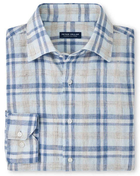 A light blue and white plaid Peter Millar Emil Linen Sport Shirt with a collar and a front pocket, displayed flat.