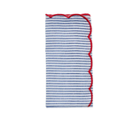 The Kim Seybert Fiesta Napkin Set features folded seersucker napkins with horizontal blue and white stripes and wavy red trim along the scalloped edge.