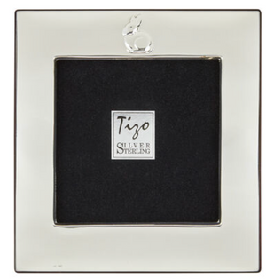 The Sterling Silver Baby Frame Bunny by Tizo Design features a square shape, simple border, tarnish-resistant finish, and a Tizo Silver Sterling label in the center.