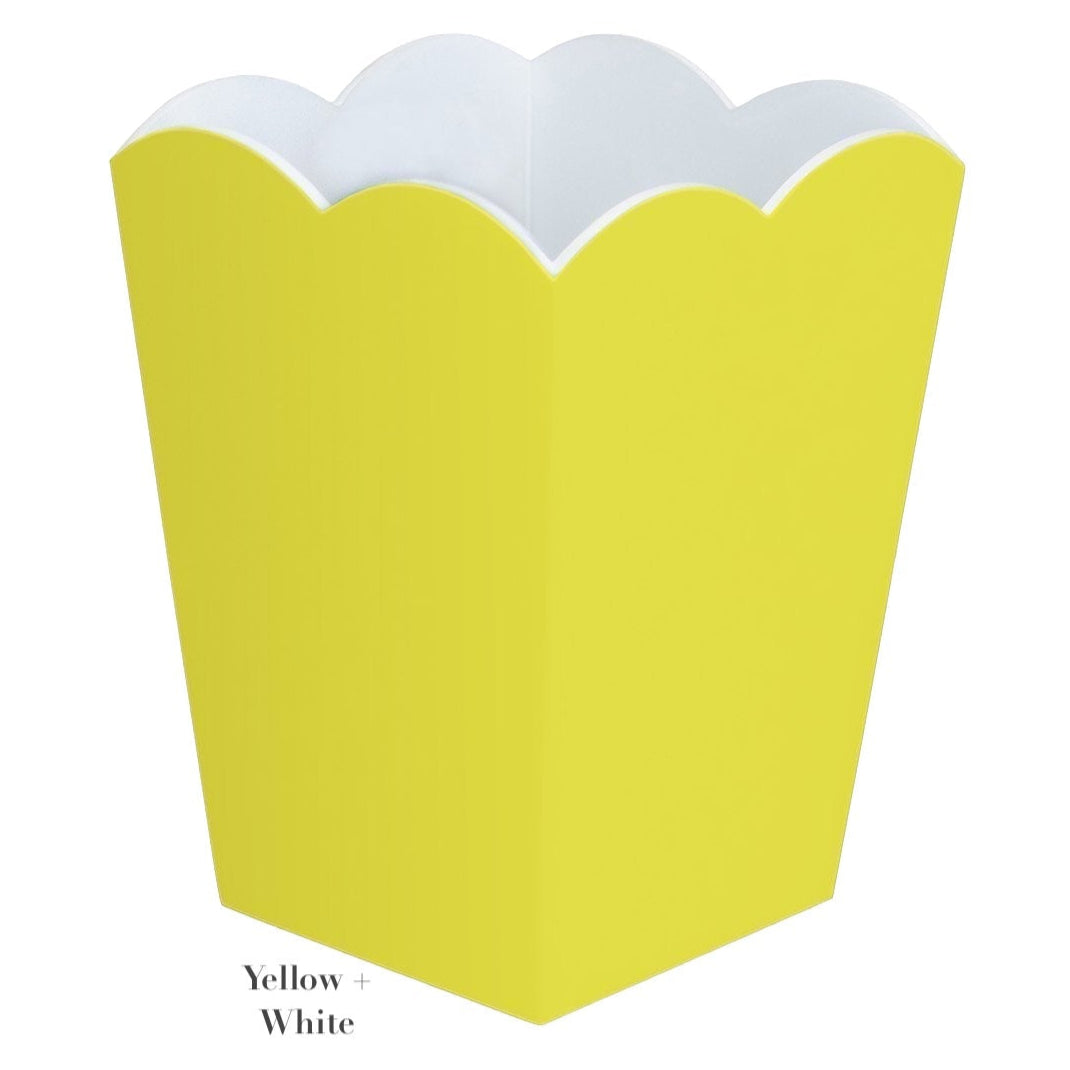The Addison Ross container boasts a stunning yellow and white scalloped design with a wavy edge, mirroring the elegance of the Addison Ross Scalloped Lacquer Waste Bin Collection.