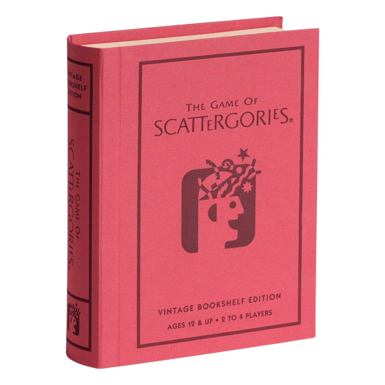A red fabric-wrapped book-style box from WS Game Company’s Vintage Bookshelf Board Games collection, featuring "The Game of Scattergories" for 2–4 players, ages 12 and up.
