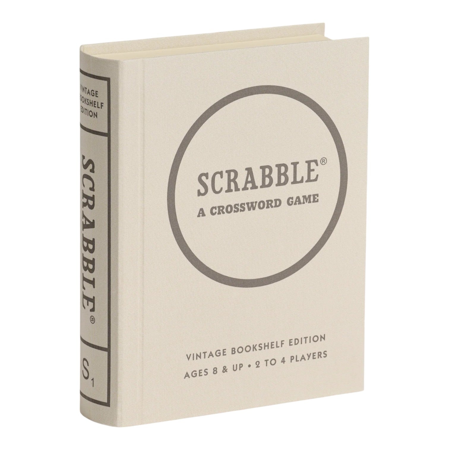 Part of the Vintage Bookshelf Board Games by WS Game Company, this Scrabble set features a fabric-wrapped beige hardcover design, ideal for 2–4 players ages 8+ who love the classic game.