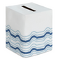 Mod Bath Collection square premium linen tissue box cover in white with blue embroidered wavy lines at the base.