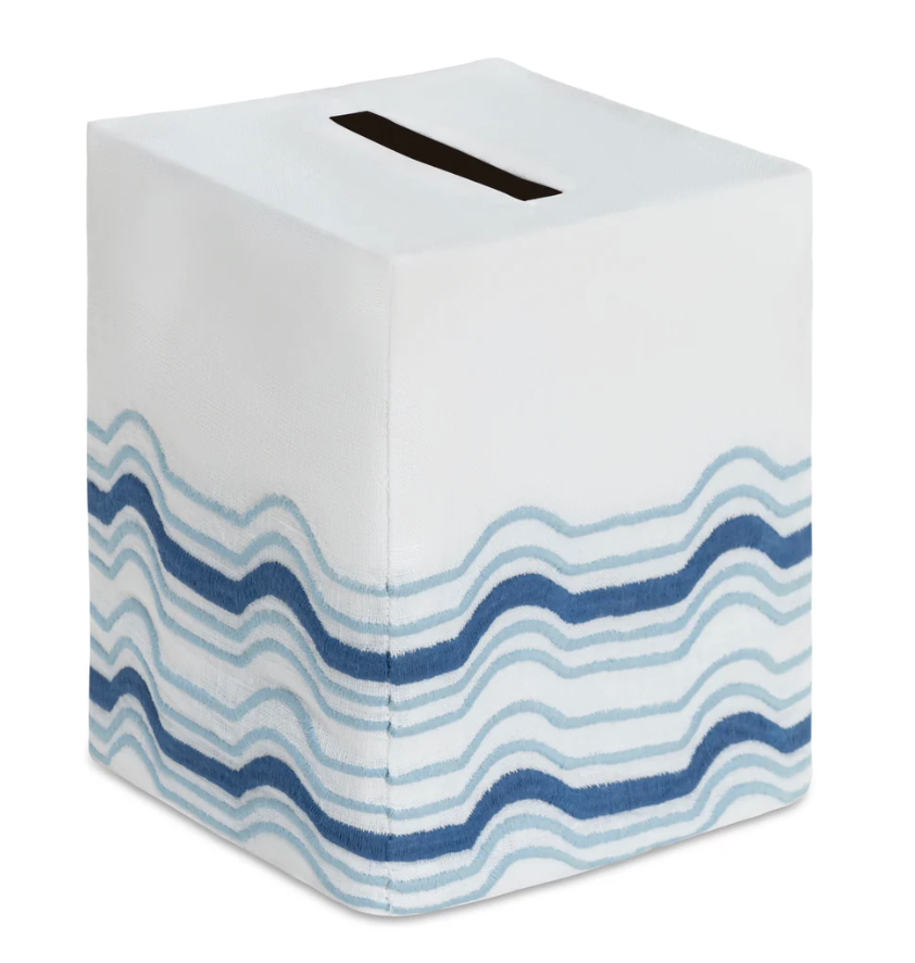 Mod Bath Collection square premium linen tissue box cover in white with blue embroidered wavy lines at the base.