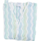 A folded Weezie Towels Short Plush Robe with blue, green, and white pastel wavy stripes in absorbent terry is displayed on a white background.