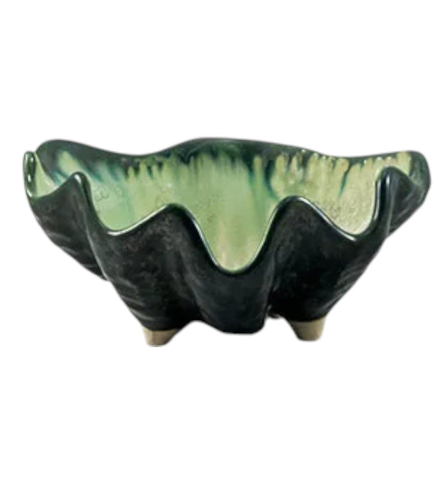 The Small Clam Bowl Collection by AE Ceramics features ceramic nut bowls with wavy, scalloped rims, glossy dark green glaze, and small short feet, all crafted from natural materials.