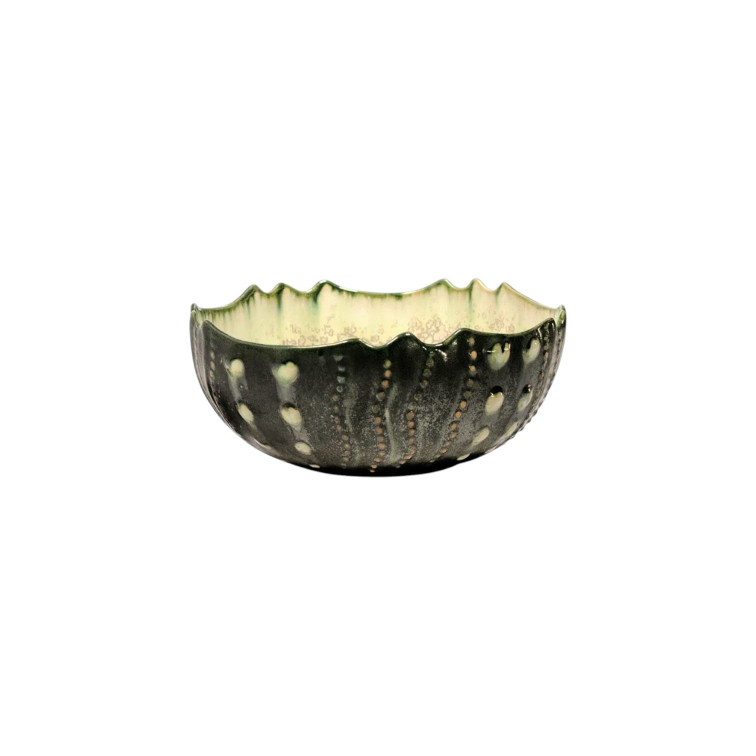 The Mint & Charcoal Serveware Collection by AE Ceramics features a dark green ceramic bowl with a textured, dotted exterior and scalloped rim, blending style and function. Photographed on a white background.