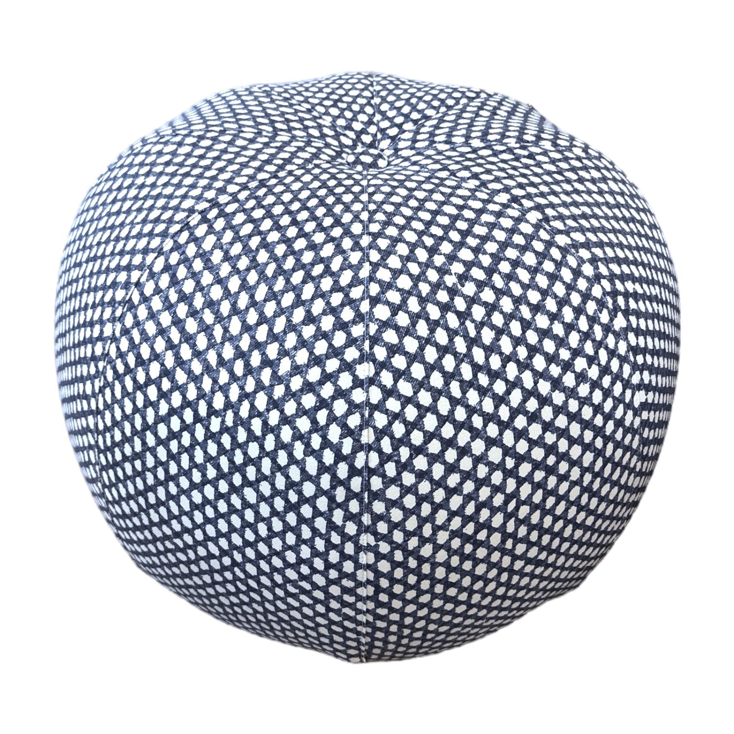 The Seabrook Outdoor Ottoman in Royal Blue by Lee Industries is a round pouf featuring a blue and white geometric diamond pattern, ideal for enhancing your patio or outdoor space. Photographed against a white background.