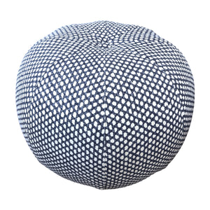 The Seabrook Outdoor Ottoman in Royal Blue by Lee Industries is a round pouf featuring a blue and white geometric diamond pattern, ideal for enhancing your patio or outdoor space. Photographed against a white background.