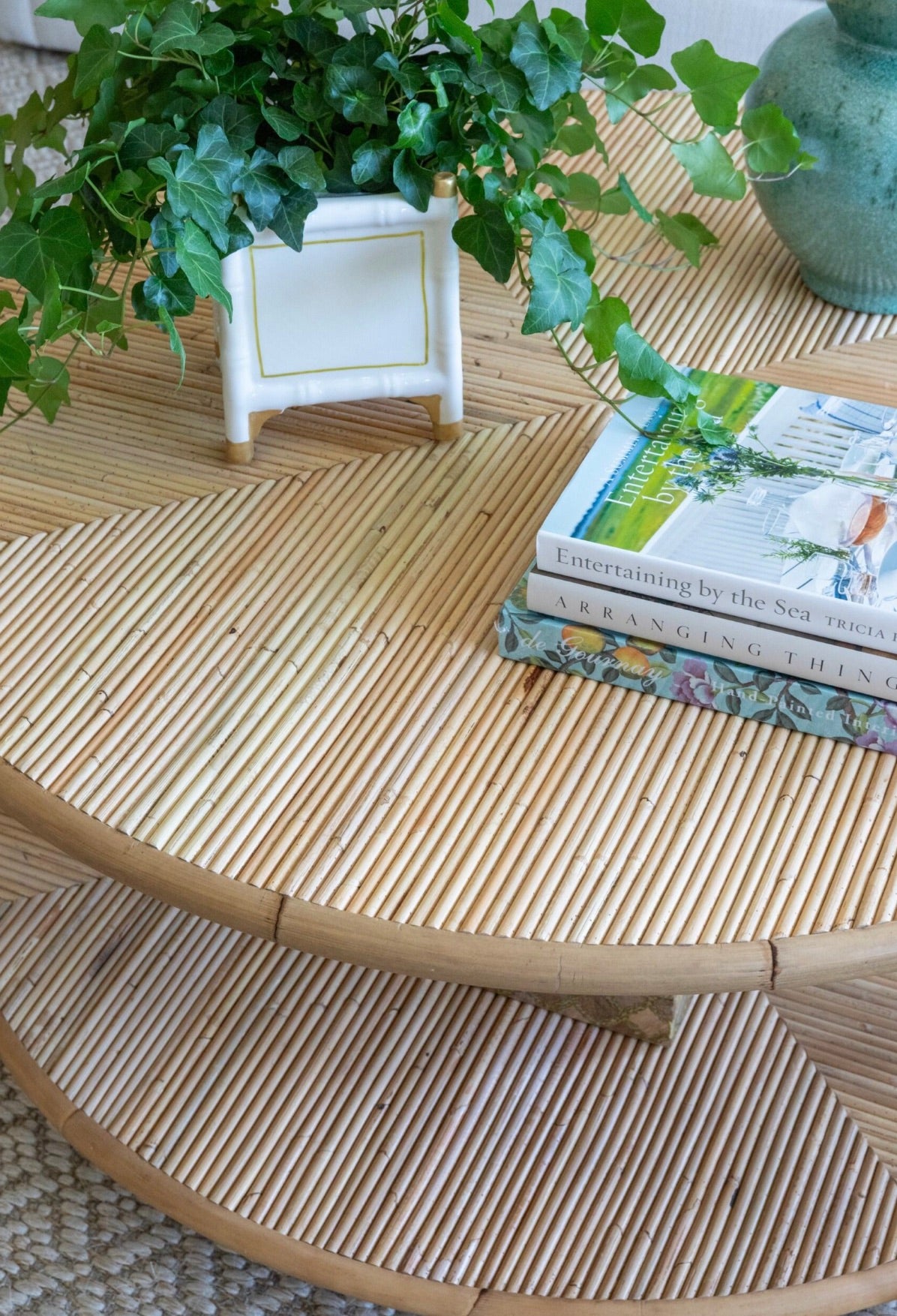 The Sea Cliff Coffee Table by Selamat, measuring 46"W x 18.7"D x 34"H, features two stacked books and a green ivy plant in a white planter on top. A small turquoise vase is also placed on the table for a pop of color.