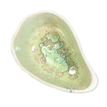 The AE Ceramics Large Sauce Bowl Collection features ceramic bowls with avocado-half shapes, a light green glazed interior, and white rims—perfect for adding handmade charm to your tabletop accessories.