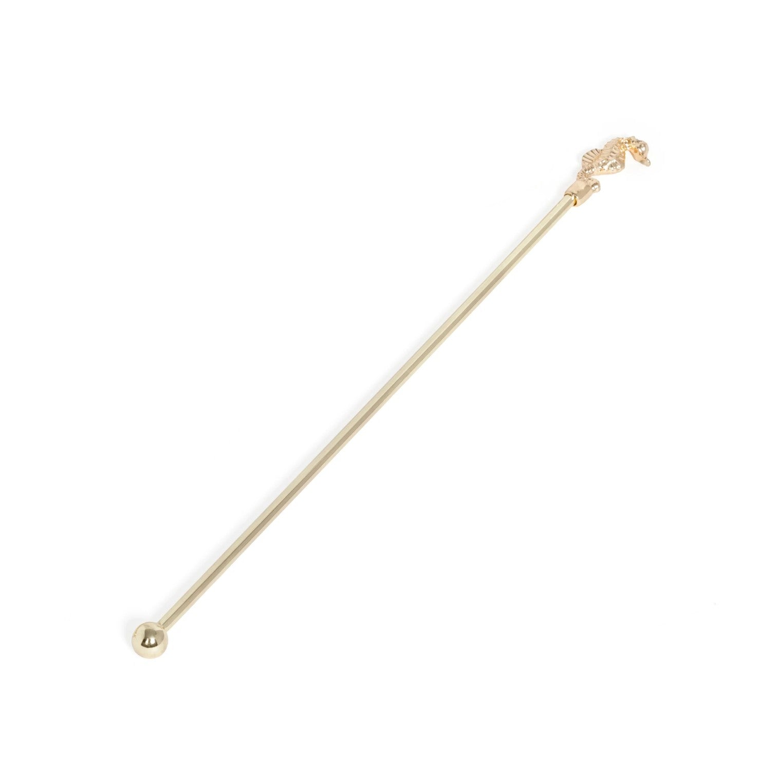 The Zodax Drink Stirrer features a gold metal stick with a round end and seahorse-shaped handle, making it a charming coastal accessory for any beach-themed bar.