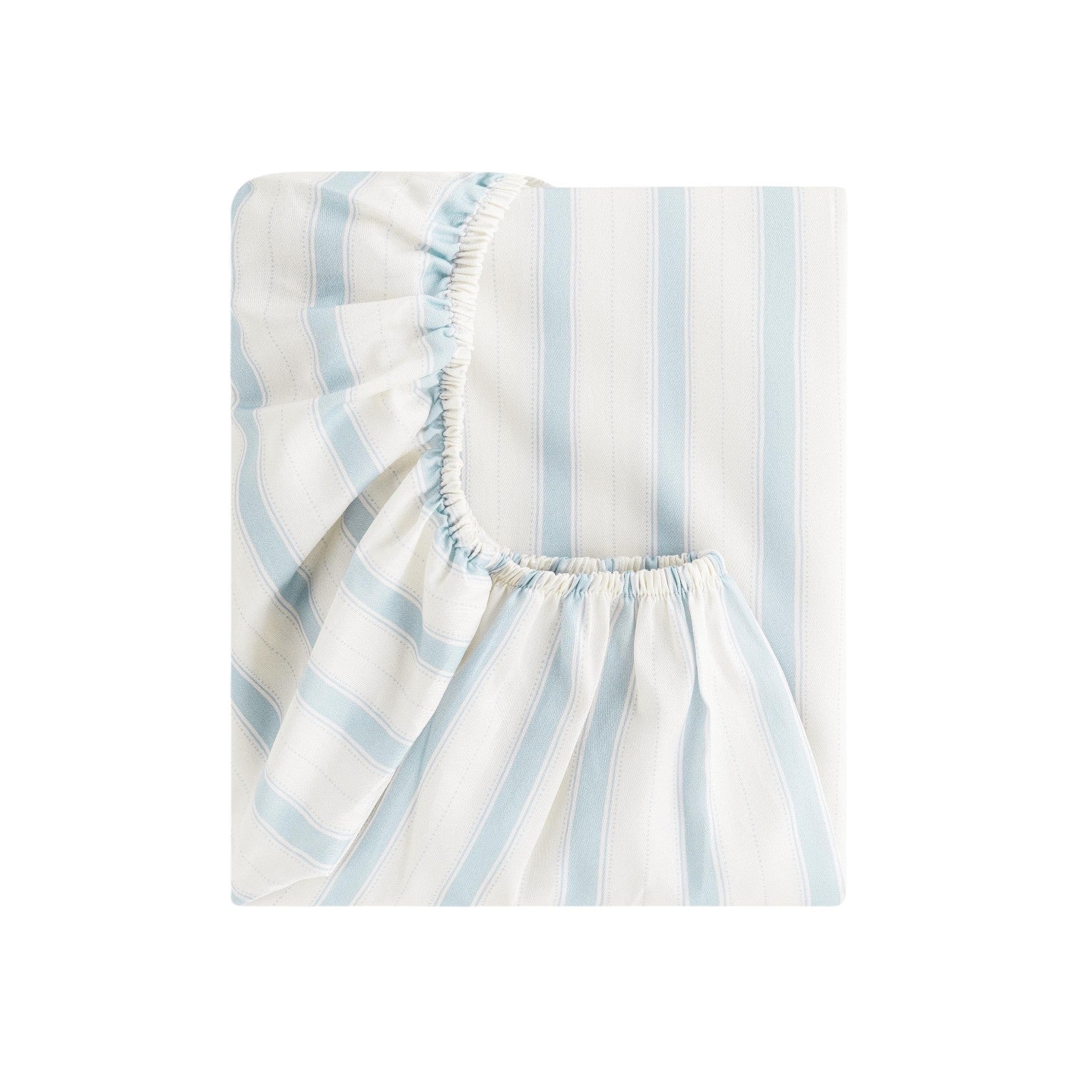 The Gooselings Seaside Stripes Bedding is a blue and white striped fitted sheet with elastic edges, crafted from pure materials and OEKO-TEX certified, shown folded against a plain white background.