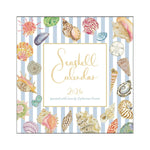 The Catherine Cartie 2026 Seashell Calendar features vibrant shell art and illustrated seashells on a blue and white striped square cover—a charming beach-themed calendar for your desk or brass easel stand.