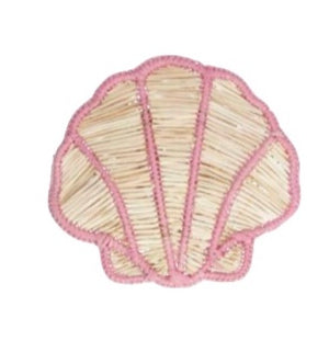 A woven coaster shaped like a seashell with a pink trim mirrors the craftsmanship of Mercedes Salazar's creations. Like the Rosy Seashell Napkin Ring, it's handmade with exquisite care and detail by artisans.