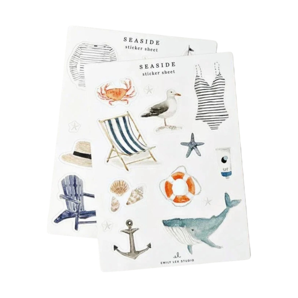Introducing the Sticker Sheet Sets by Emily Lex Studio—two vibrant vinyl sheets featuring seaside-themed illustrations such as a whale, seagull, swimsuit, chair, crab, shells, anchor, hat, lifebuoy, and beverage carton. Perfect for bringing an ocean-inspired charm to your planner or journals!.