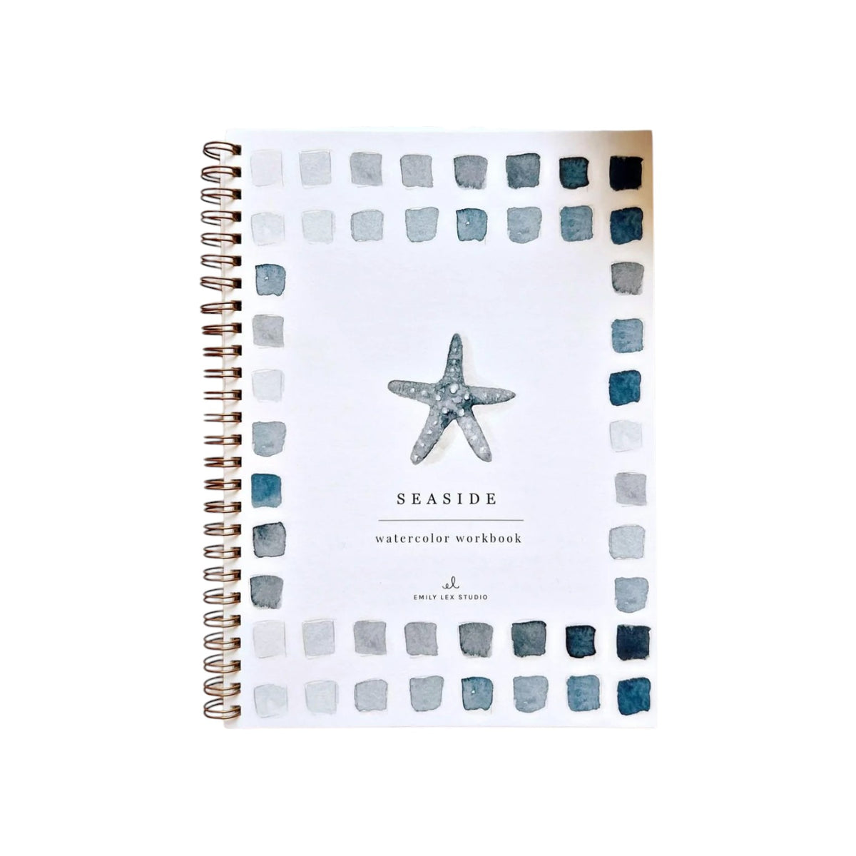 The “Seaside” edition of Emily Lex Studio Watercolor Workbooks features a charming starfish illustration and a blue square border on its spiral-bound cover, making it perfect for your next watercolor painting or art activity.