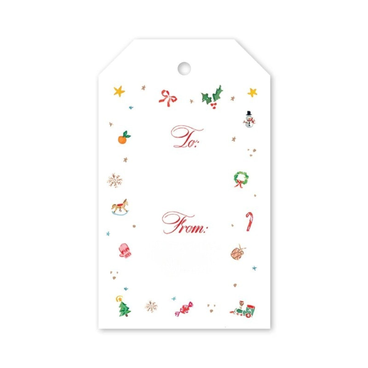 Season’s Trinkets Gift Tag Set featuring a white tag with “To:” and “From:” text surrounded by colorful festive illustrations of stars, holly, a snowman, a wreath, and a rocking horse.