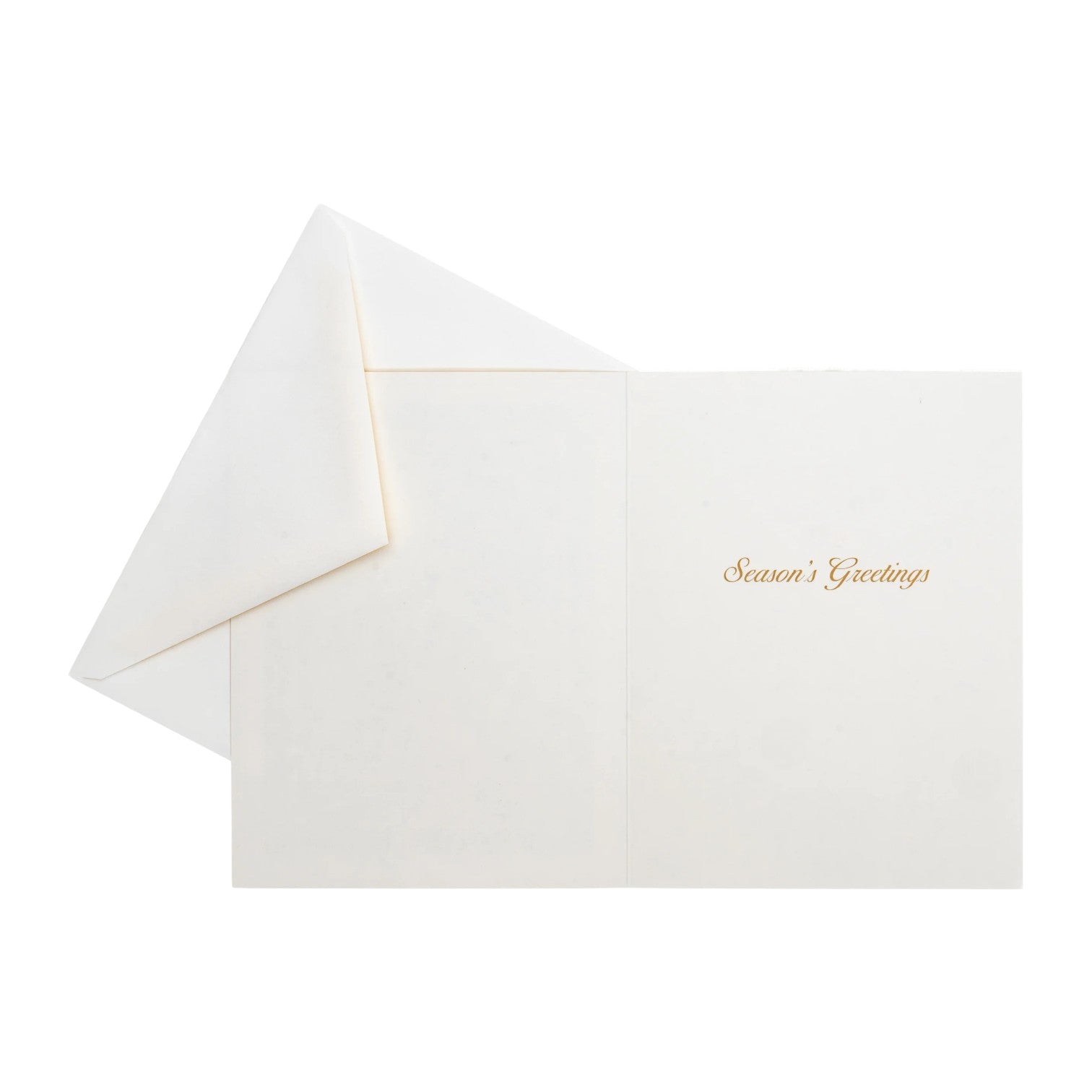 The Caspari Magnolia Bloom Boxed Card Set features elegant white cards with gold "Season's Greetings" text and matching envelopes—ideal for Christmas or holiday cards.