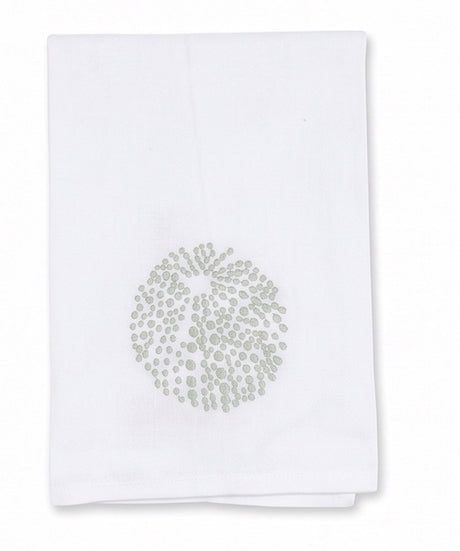 Introducing the Sea Urchin Bath Collection by Haute Home: a refined Italian linen cloth napkin featuring a circular, dotted light green pattern at its center, neatly folded against a plain white background—an elegant piece from Haute Home’s premium collection, perfect for enhancing your home décor.