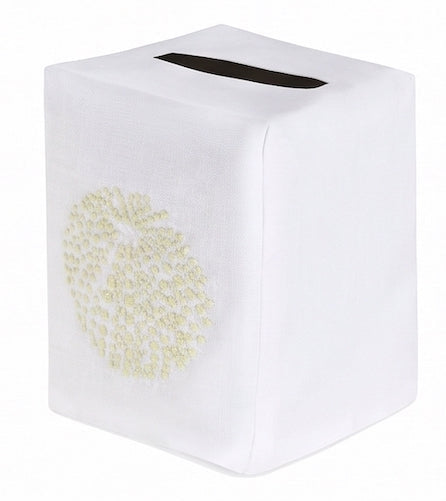 Sea Urchin Bath Collection rectangular tissue box cover by Haute Home, crafted from premium linen and accented with an embroidered round floral pattern on the side, featuring a convenient top opening for tissues—a refined addition to your home décor.