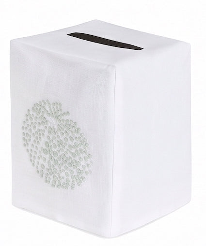 Experience the elegance of the Sea Urchin Bath Collection by Haute Home with this white tissue box cover, featuring a subtle embroidered circular pattern on the front and a rectangular opening on top, exquisitely crafted from premium Italian linen to elevate your home décor.