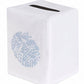 Elevate your home décor with the Haute Home Sea Urchin Bath Collection tissue box cover, featuring premium white linen and a blue dotted circular design on the front, plus a convenient rectangular opening on top.
