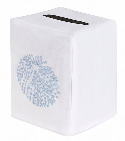 Elevate your home décor with the Haute Home Sea Urchin Bath Collection tissue box cover, featuring premium white linen and a blue dotted circular design on the front, plus a convenient rectangular opening on top.