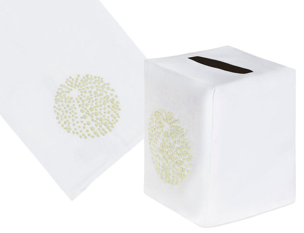 The Sea Urchin Bath Collection in Green by Haute Home features a hand-embroidered Italian linen tissue box cover and matching hand towel, adorned with a gold floral pattern.