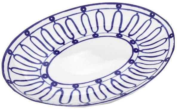 Oval white ceramic platter from the Themis Z Kyma Blue Serving Platter featuring a blue decorative border with a fishnet pattern inspired by the Greek Aegean Sea and blue dot detailing.