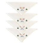 The Duggan Society Cocktail Napkin Collection features four white cotton napkins, each hand-embroidered with crossed tennis rackets, a ball, and green grass accents.