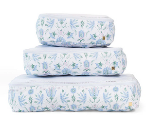 The Luxe Packing Cube Set of 3 by TRVL Design features small, medium, and large floral-patterned cubes stacked on a white background—ideal, lightweight organizers for stylish travel.
