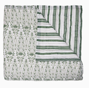 The Lina Sage Bedding Collection by John Robshaw, a folded, hand quilted cotton voile quilt with Ladakh-inspired florals on one side and green-white stripes on the other, is shown against a white background. Final Sale.