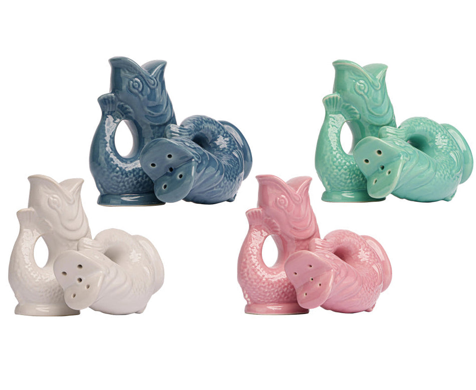 Four pairs of Fish Salt & Pepper Shakers by The Original Gluggle Jug, in blue, green, white, and pink, are arranged in two rows on a white background—a playful set inspired by the iconic Gluggle Jug design.