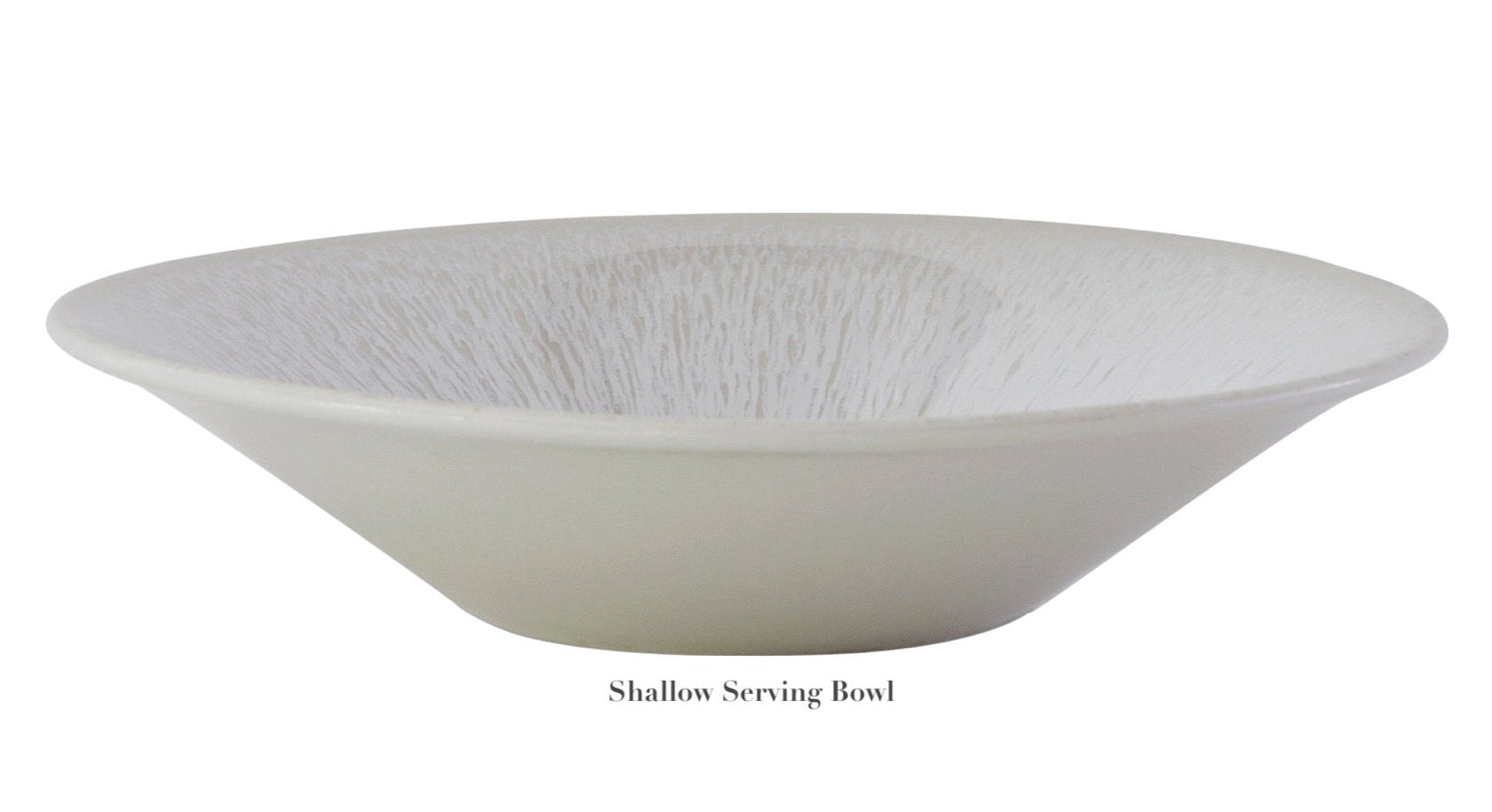 The Jars Vuelta White Pearl Collection features a white, shallow serving bowl with a wide rim and subtle interior texture, finished with a perle glaze. Dishwasher safe for easy cleaning, it's shown against a plain background.