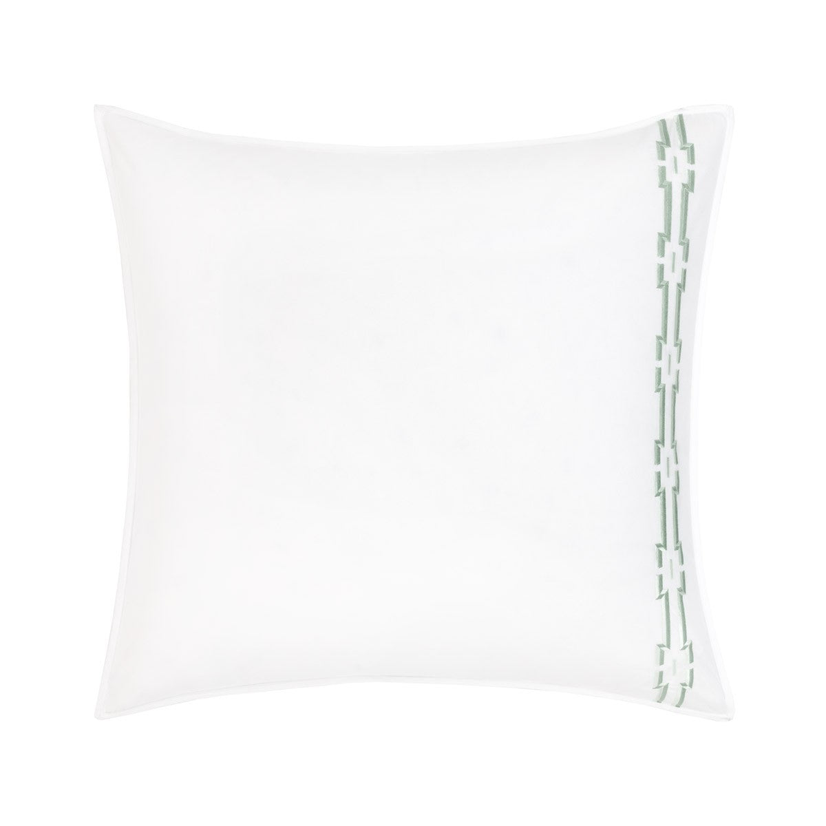 The Couture Tuileries Bedding Collection pillow by Yves Delorme is crafted from luxurious PIMA cotton percale, featuring a simple geometric green trim inspired by Tuileries Garden topiary, shown against a plain white background.