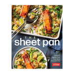 Cover of “The Sheet Pan” cookbook by Penguin Random House, showcasing a colorful sheet pan meal of rice, vegetables, and glazed salmon—an inspiring pick for delicious weeknight dinners—presented with serving spoons, lime wedges, and a napkin against a blue background.