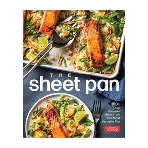 Cover of “The Sheet Pan” cookbook by Penguin Random House, showcasing a colorful sheet pan meal of rice, vegetables, and glazed salmon—an inspiring pick for delicious weeknight dinners—presented with serving spoons, lime wedges, and a napkin against a blue background.