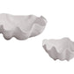 Two white bowls from the Beatriz Ball Vida Ocean Shell Bowl Collection, featuring wavy, clam shell-like edges, are shown against a plain background. Made of luxury melamine, they’re both elegant and dishwasher safe.