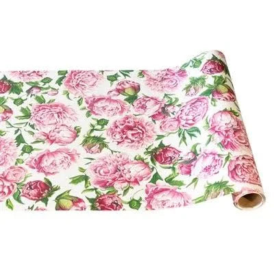 The Hester & Cook Paper Runner Collection features a pink peony floral pattern on white, ideal for statement gift wrapping or coordinating with your dining table runners.