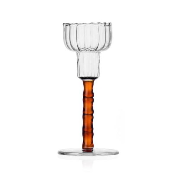 The Rivoli Drinkware and Tealight Collection by Ichendorf Milano features a clear glass goblet with a textured bowl and a brown, bamboo-like ribbed stem, displayed on a round base against a white background.