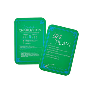 Mahjong Shufflers by Oh My Mahjong includes two green cards with white and blue text—one details Charleston instructions, while the other outlines tile shuffling steps for Mahjong gameplay.
