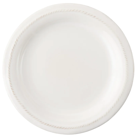 A plain white ceramic dinner plate with a subtle embossed rim, seen from above on a white background—part of the elegant Juliska Berry & Thread Classic Whitewash Dinnerware Collection.
