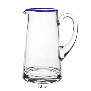 The William Yeoward Crystal Siena Pitcher Collection blends elegance and functionality with its clear glass body, blue rim, and handle, adding a vibrant touch to any table setting. Sold under the brand William Yeoward Crystal and labeled "Blue," it epitomizes simple sophistication.